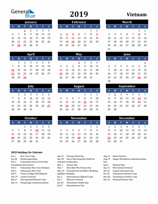 2019 Vietnam Holiday Calendar