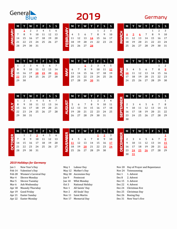 Download Germany 2019 Calendar - Monday Start