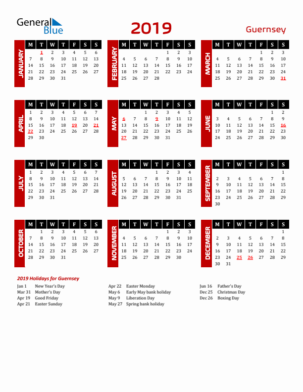 Download Guernsey 2019 Calendar - Monday Start