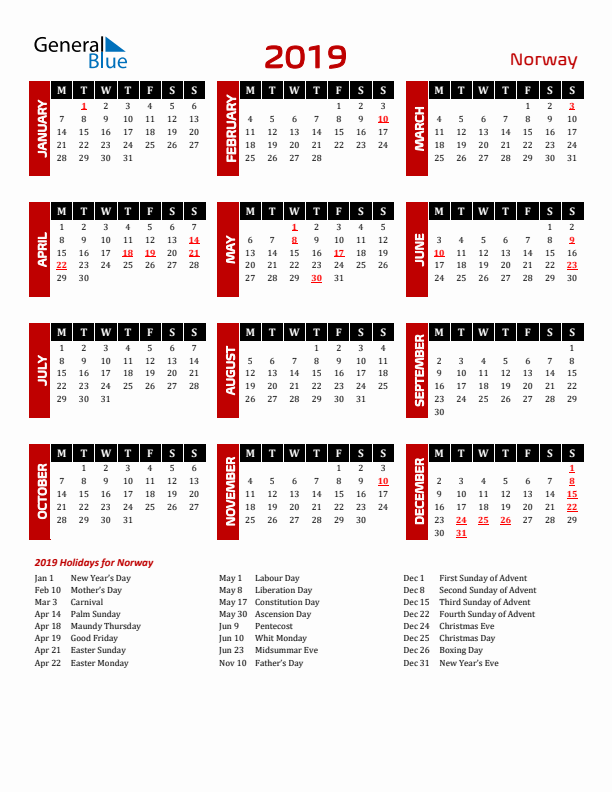 Download Norway 2019 Calendar - Monday Start