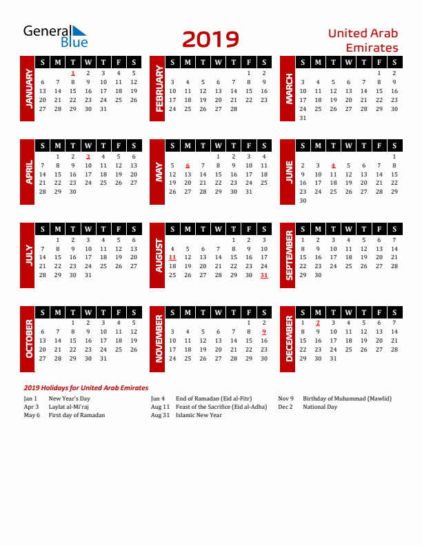 Download United Arab Emirates 2019 Calendar - Sunday Start