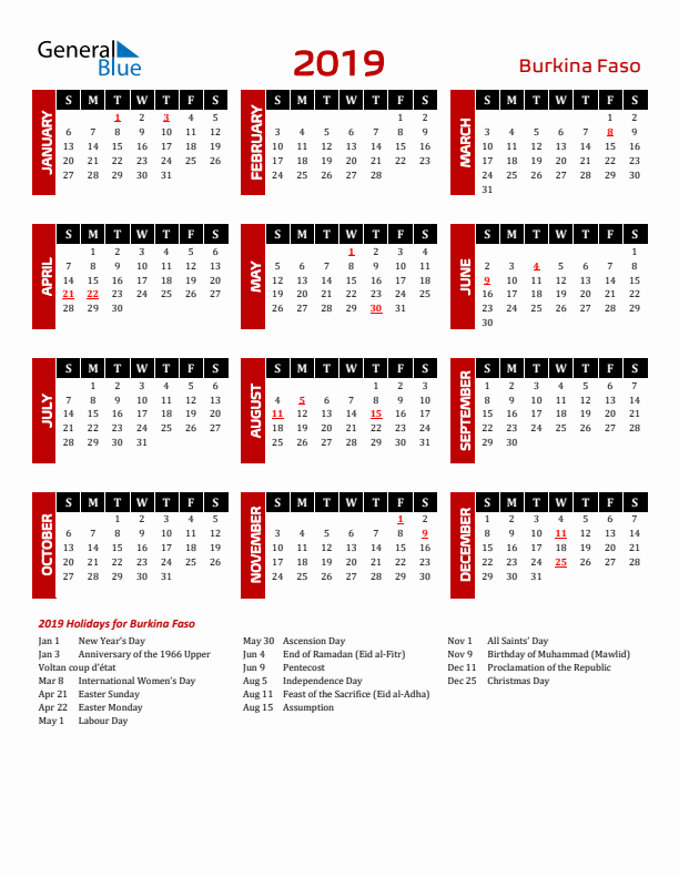 Download Burkina Faso 2019 Calendar - Sunday Start