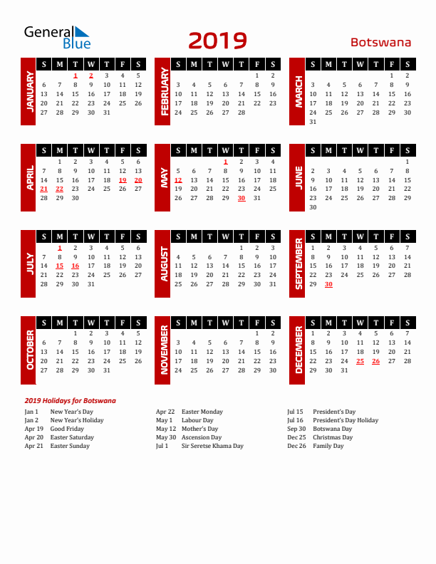 Download Botswana 2019 Calendar - Sunday Start