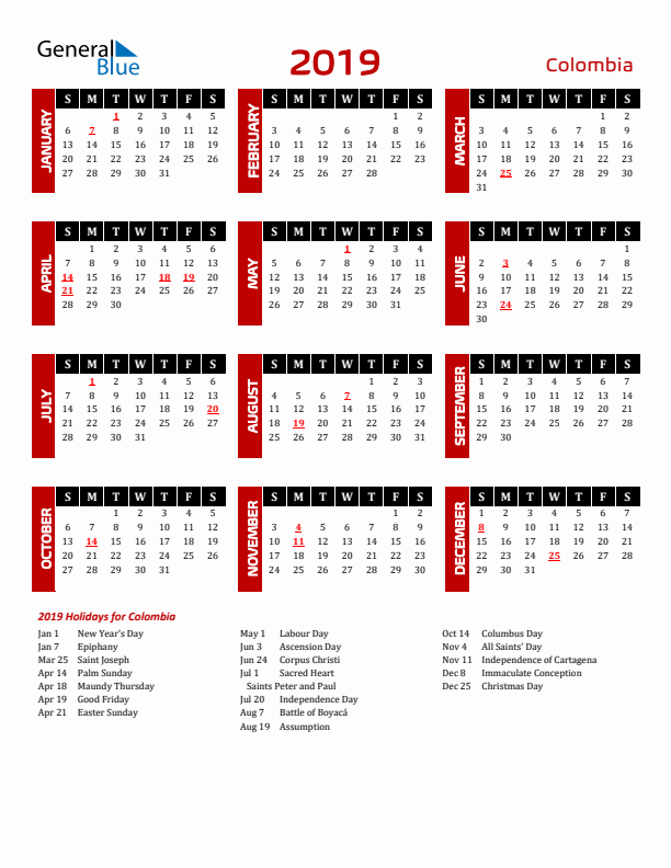 Download Colombia 2019 Calendar - Sunday Start