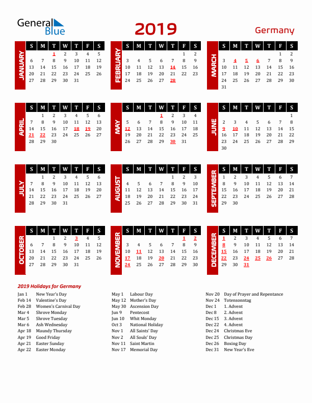 Download Germany 2019 Calendar - Sunday Start