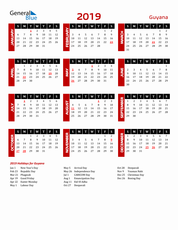 Download Guyana 2019 Calendar - Sunday Start