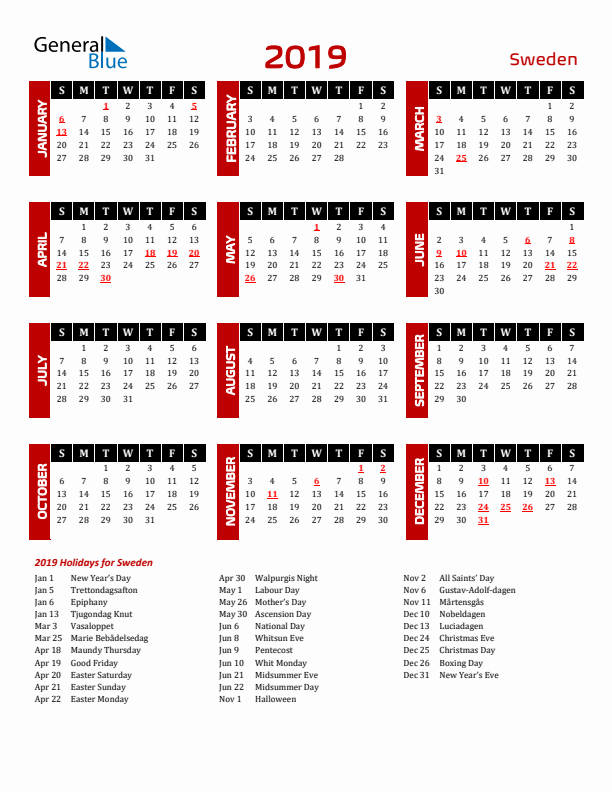 Download Sweden 2019 Calendar - Sunday Start