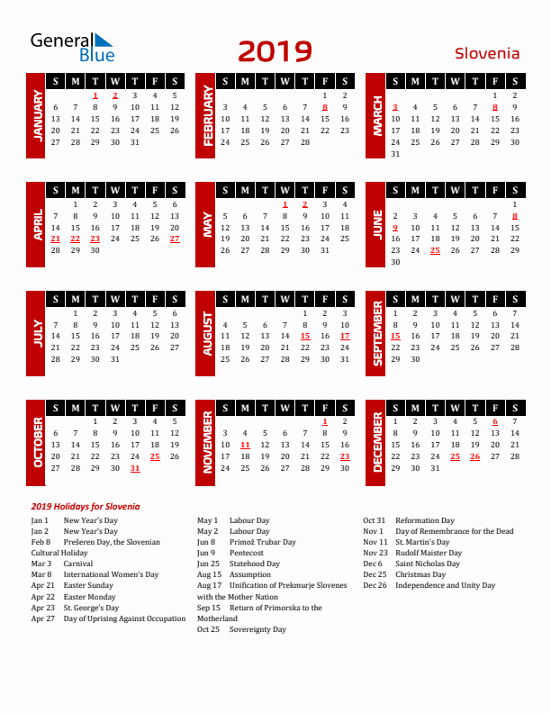 Download Slovenia 2019 Calendar - Sunday Start