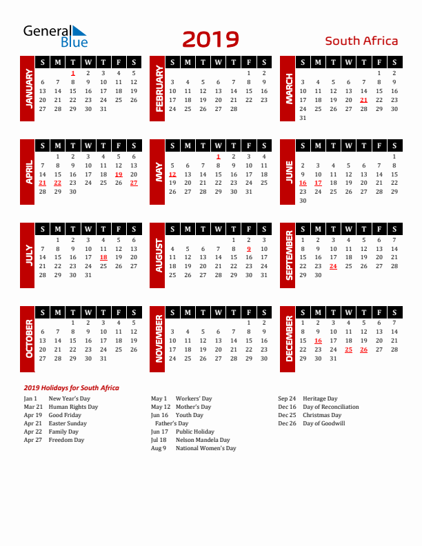 Download South Africa 2019 Calendar - Sunday Start