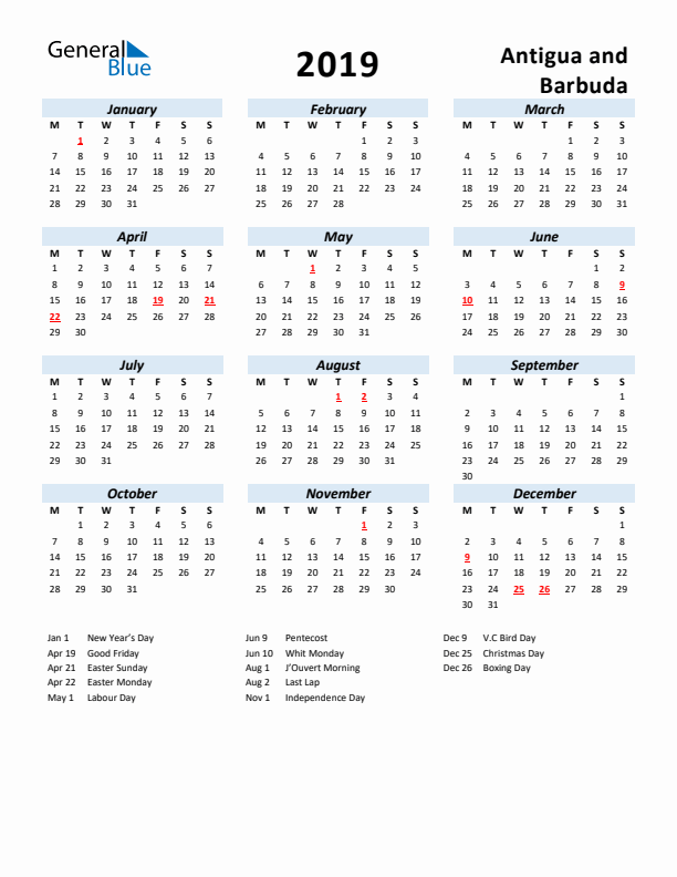 2019 Calendar for Antigua and Barbuda with Holidays