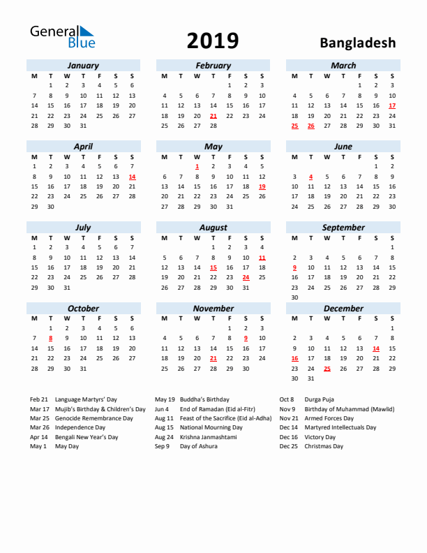 2019 Calendar for Bangladesh with Holidays