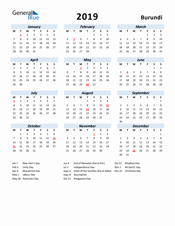 2019 Calendar for Burundi with Holidays