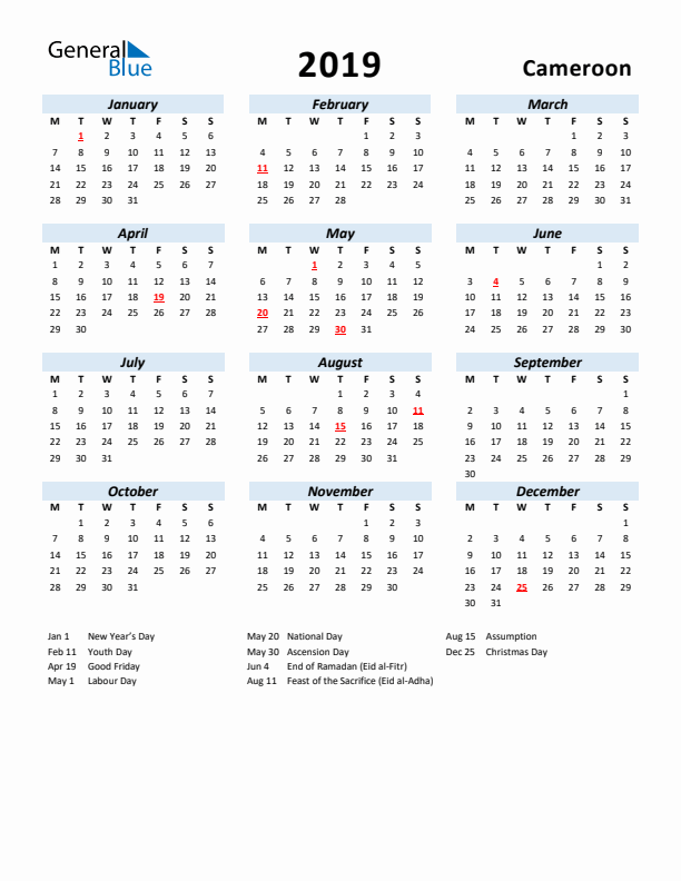 2019 Calendar for Cameroon with Holidays