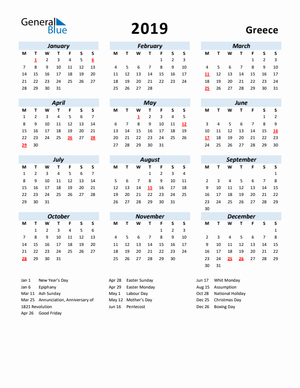 2019 Calendar for Greece with Holidays