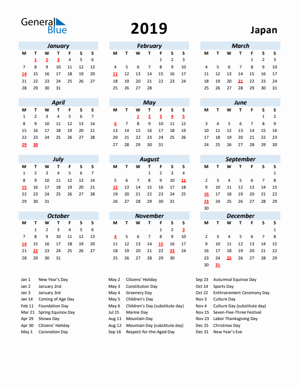 2019 Calendar for Japan with Holidays