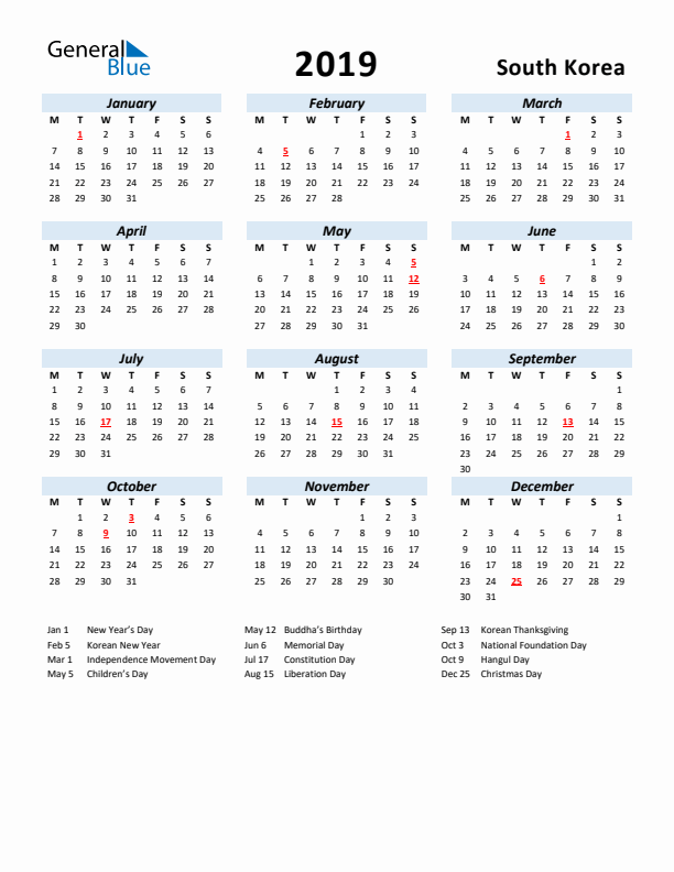 2019 Calendar for South Korea with Holidays