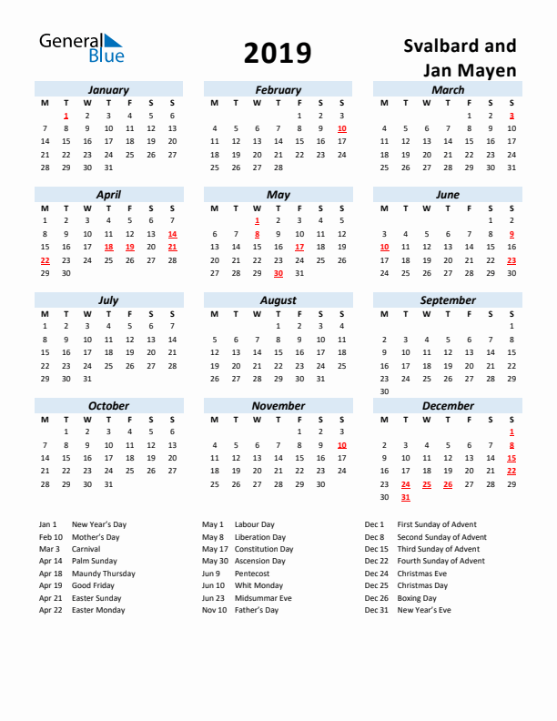 2019 Calendar for Svalbard and Jan Mayen with Holidays