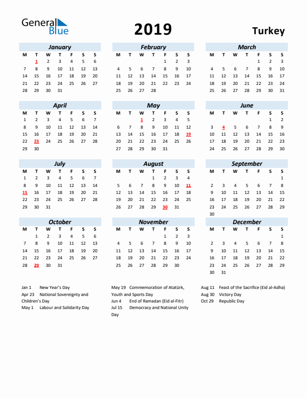 2019 Calendar for Turkey with Holidays