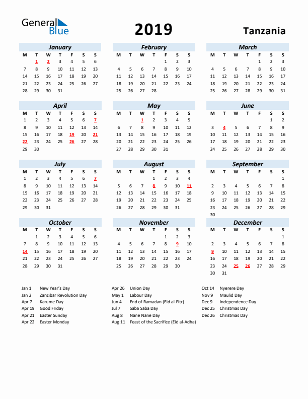 2019 Calendar for Tanzania with Holidays