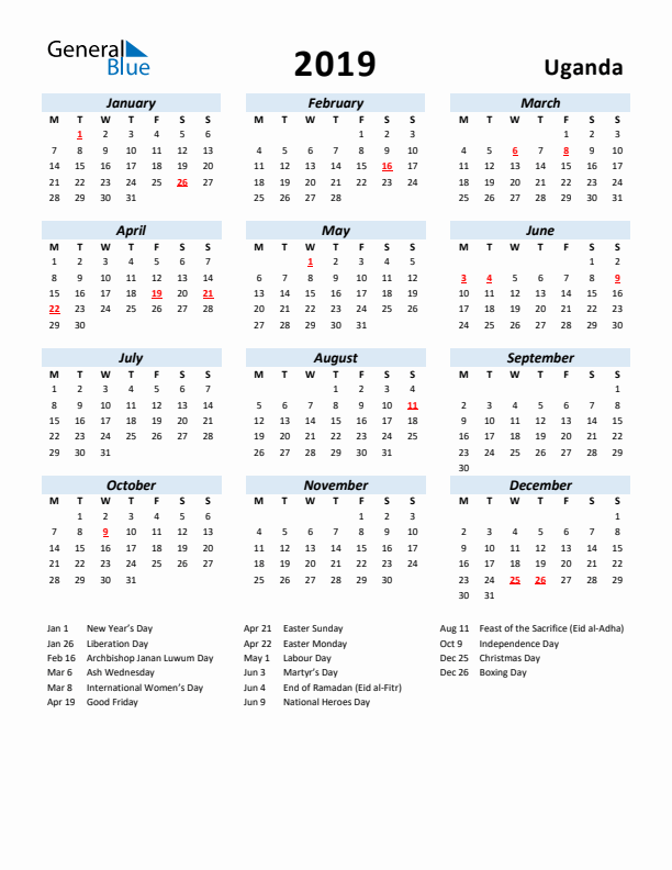 2019 Calendar for Uganda with Holidays