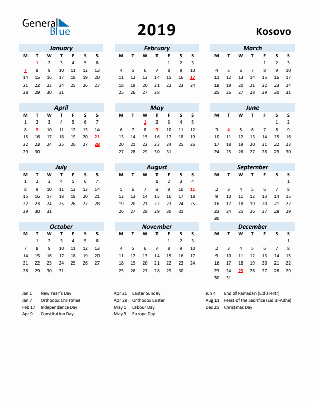 2019 Calendar for Kosovo with Holidays