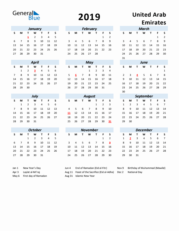 2019 Calendar for United Arab Emirates with Holidays