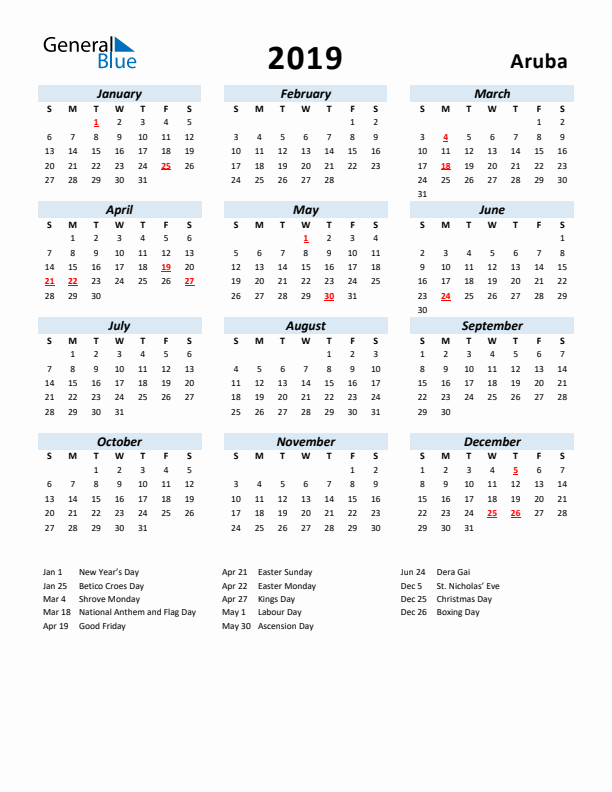 2019 Calendar for Aruba with Holidays