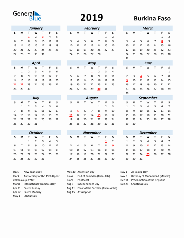 2019 Calendar for Burkina Faso with Holidays