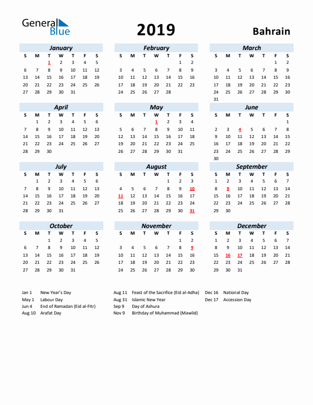 2019 Calendar for Bahrain with Holidays