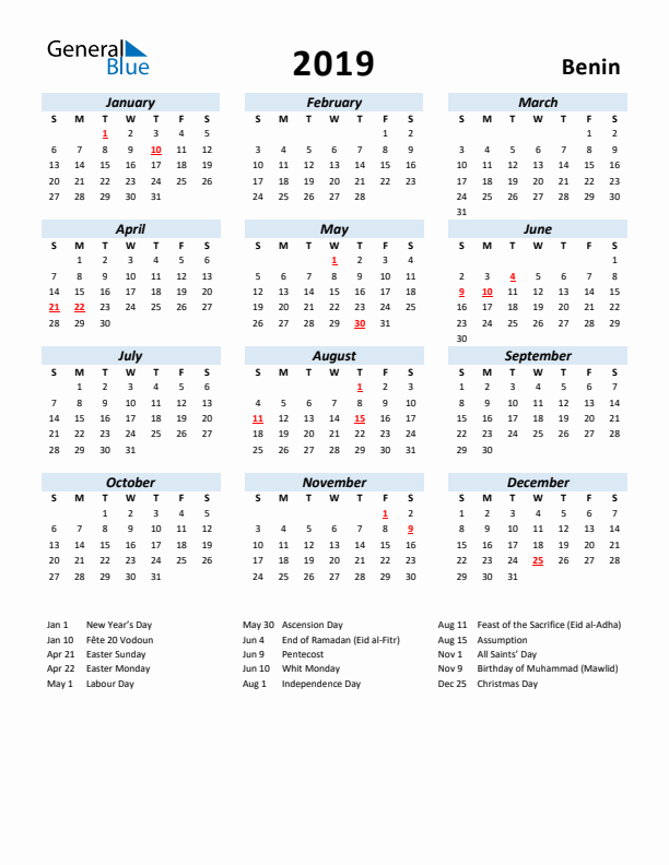 2019 Calendar for Benin with Holidays