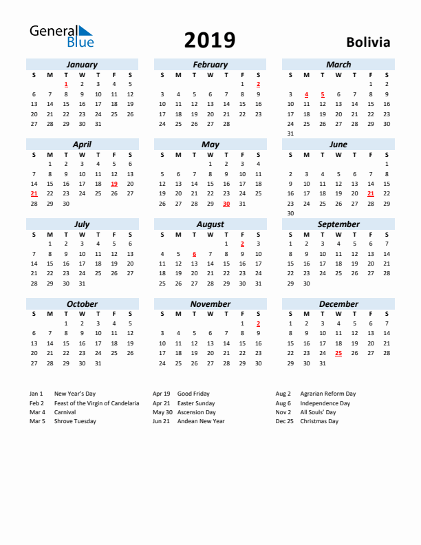 2019 Calendar for Bolivia with Holidays