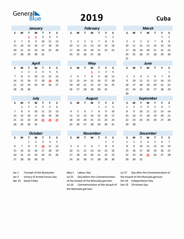 2019 Calendar for Cuba with Holidays