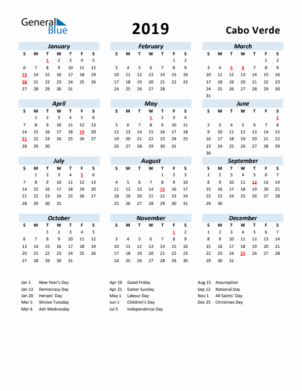 2019 Calendar for Cabo Verde with Holidays