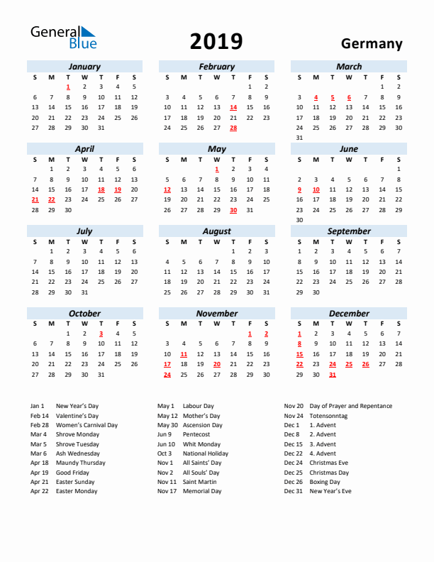 2019 Calendar for Germany with Holidays