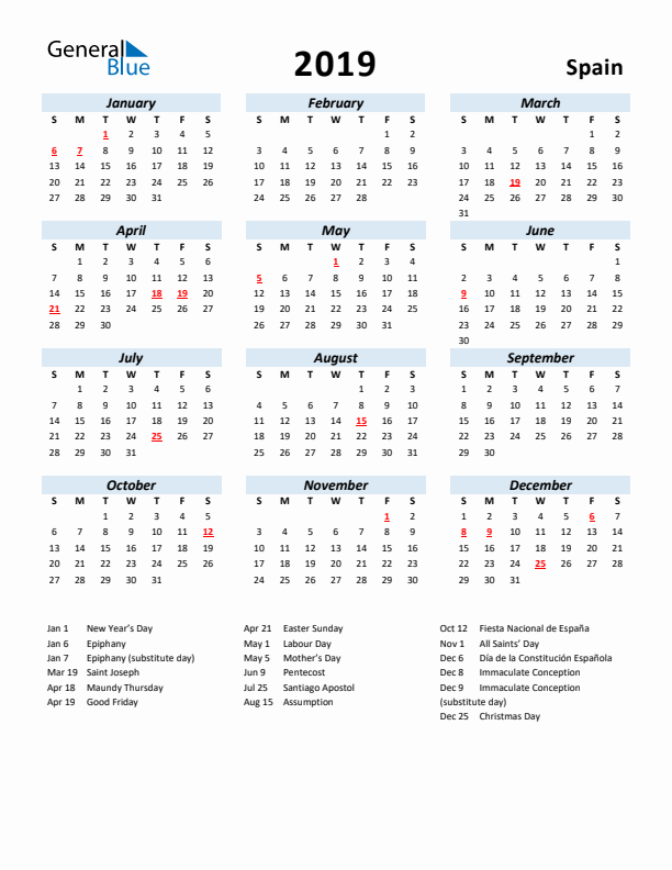 2019 Calendar for Spain with Holidays