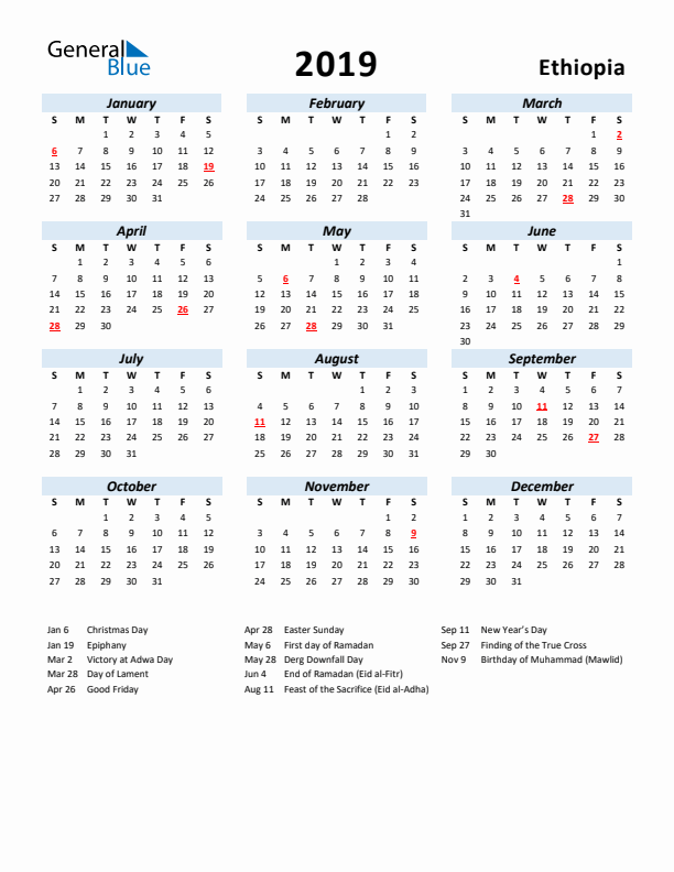 2019 Calendar for Ethiopia with Holidays