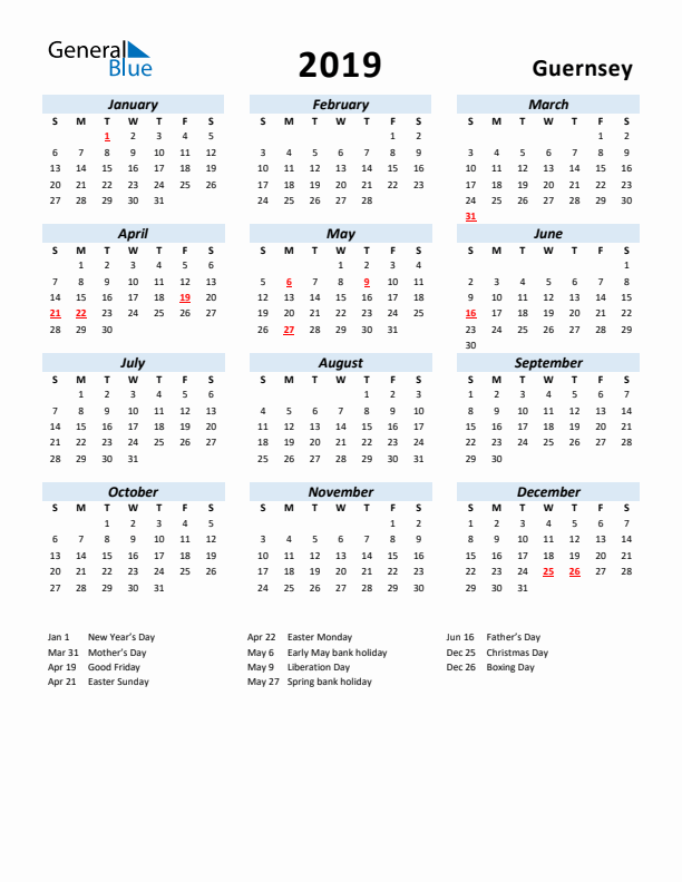 2019 Calendar for Guernsey with Holidays