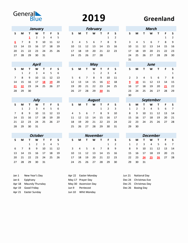 2019 Calendar for Greenland with Holidays