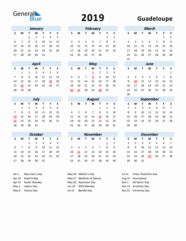 2019 Calendar for Guadeloupe with Holidays