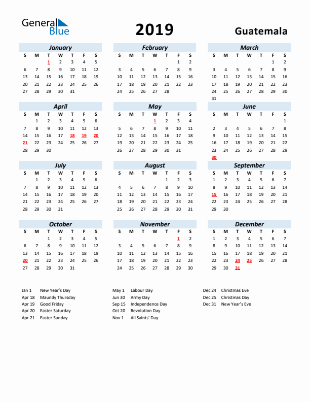 2019 Calendar for Guatemala with Holidays