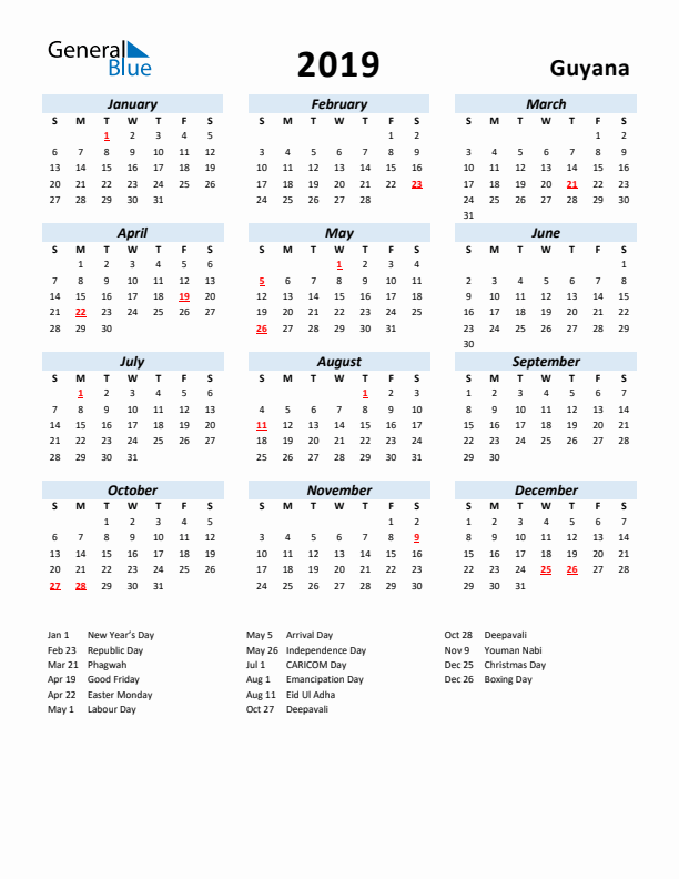 2019 Calendar for Guyana with Holidays