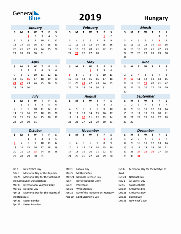 2019 Calendar for Hungary with Holidays