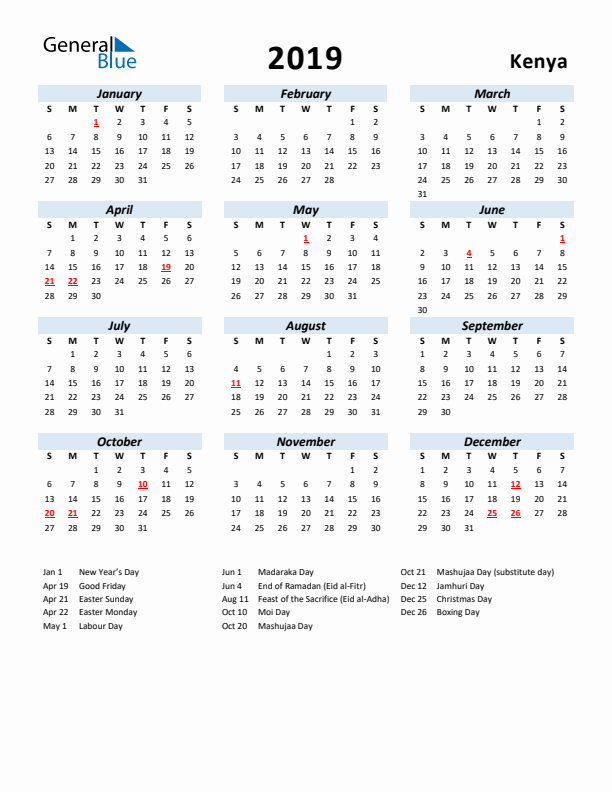 2019 Calendar for Kenya with Holidays