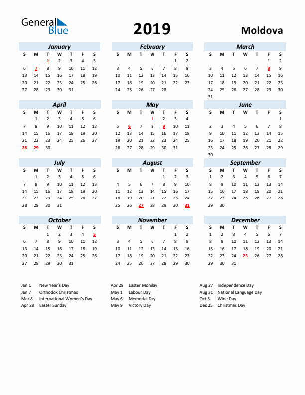 2019 Calendar for Moldova with Holidays