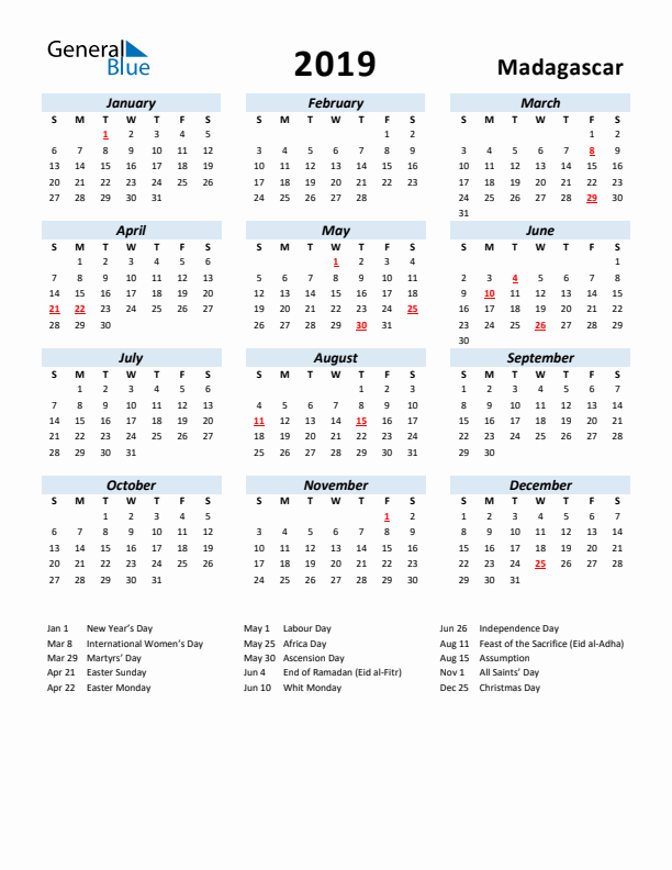 2019 Calendar for Madagascar with Holidays