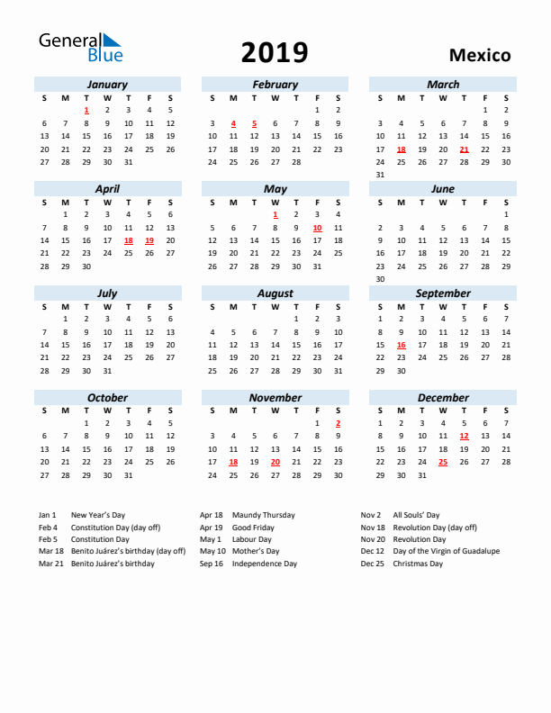 2019 Calendar for Mexico with Holidays