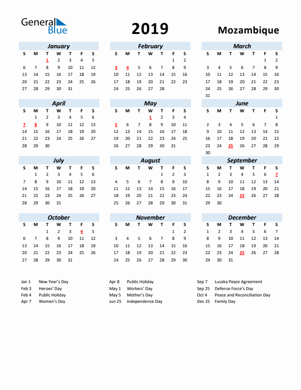 2019 Calendar for Mozambique with Holidays