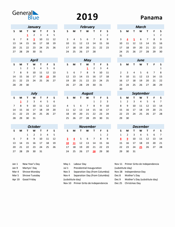 2019 Calendar for Panama with Holidays