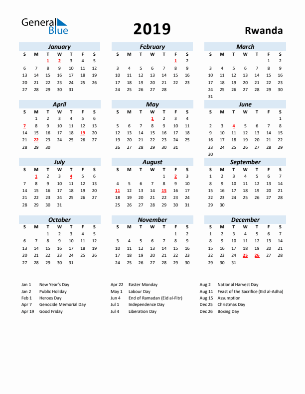 2019 Calendar for Rwanda with Holidays