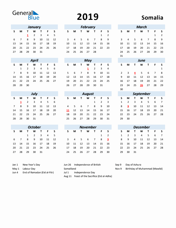 2019 Calendar for Somalia with Holidays